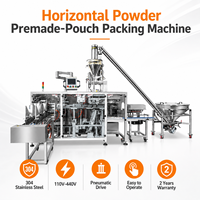 Automatische horizontale poederverpakkingsmachine voor voorgevormde plastic ritssluitzakken, inclusief etiketteerapparaat voor de voedingsindustrie