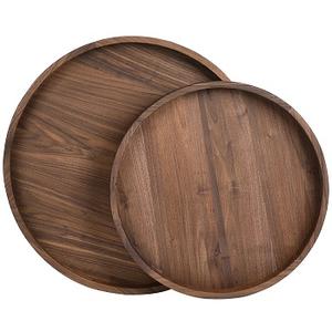 Plateau pouf en bambou naturel Plateau de service en bois Plateau rond en bois avec poignées - Product Image 1