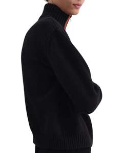 Suéter de Punto Acanalado Negro para Hombre, Chaqueta con Cierre, Cierre de Cremallera en Contraste Naranja, Cuello Alto, Cálido para Invierno, Cárdigan Informal para Uso Diario - Product Image 6