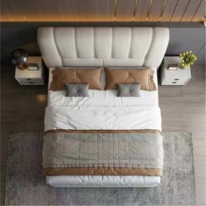 Cadre de lit king-size avec tête de lit mince et peu encombrante, en cuir Nappa crème, lit plateforme à profil bas pour petits espaces - Product Image 4