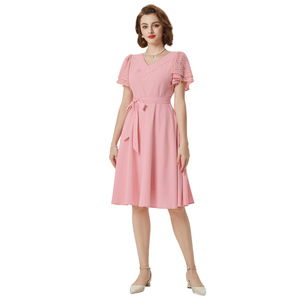사용자 정의 인쇄 여자의 여름 짧은 퍼프 슬리브 칵테일 원피스 1950s 60s 빈티지 V-넥 라인 꽃 스윙 드레스 벨트와 - Product Image 5