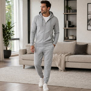 ชุดเซ็ตฮู้ดดี้คอวีผ้าเฟรนช์เทอร์รี่สำหรับผู้ชาย 65% โพลีเอสเตอร์ 35% คอตตอน มีเชือกผูก ป้องกันลม สไตล์ลำลอง ทรงโมเดิร์น ชุดสองชิ้น - Product Image 2