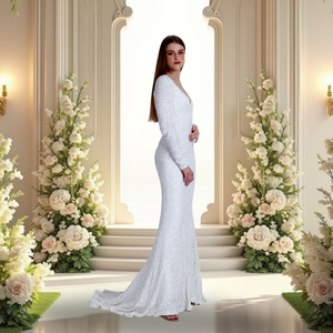 Elegante Vestido de manga larga con cuello en V con cuentas a mano brillante vestido de novia vestido de noche de lujo perfecto para eventos de alfombra roja - Product Image 3