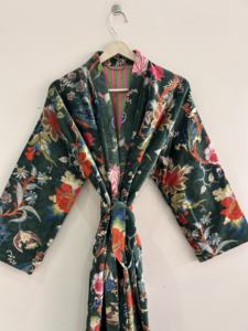 Robe kimono en velours de coton doux pour femmes, imprimé floral, longue veste duster - Product Image 5