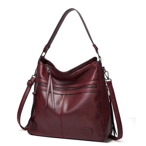 Bolso de hombro tipo Hobo de cuero genuino para mujer, cierre con cremallera clásico, gran capacidad, uso diario, color rojo - Product Image 1