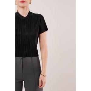 Lustrin Women's Ribbed Short Sleeve <b>Shiny</b> Black Blouse - Wholesale Fashion <b>Top</b> for Casual Wear, Available in S, M, L Sizes - Product Image 5