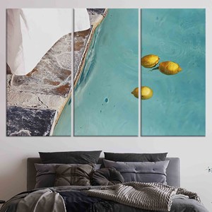 Impression sur toile pour salon style bohème : scène artistique de piscine avec citrons, lot de 3 toiles - Product Image 1