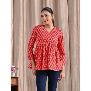 Red Jaipuri Block Printed Cotton Peplum <b>Top</b> Breathable Feature - Product Image 6