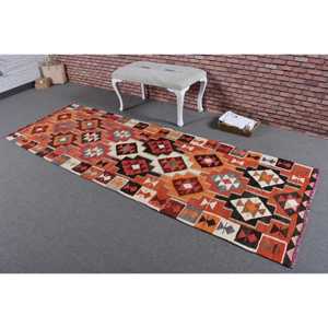 Turkish Rug, <b>Runner</b> 3.2x9.4 ft Vintage Rug, <b>Red</b> Black Solid Wool Rug - Product Image 2