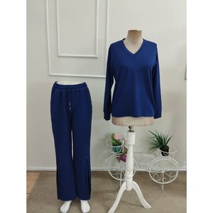 Women's <b>Long</b>-<b>Sleeve</b> V-Neck Viscose Two-Thread <b>Blouse</b> and Slit Detail Trousers Two-Piece Set, 37525 - <b>Navy</b> blue - Product Image 5