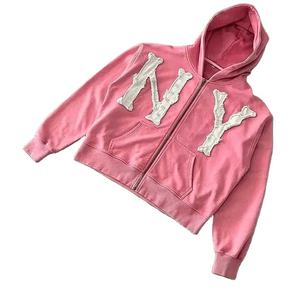 Haute qualité poids lourd 100% coton sur taille lavé à l'acide Vintage français éponge en détresse broderie sweats à capuche - Product Image 5