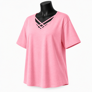 Camiseta Oversize Rosa Personalizada con Cuello en V y Tirantes Cruzados para Mujer, de Algodón, Estilo Casual Holgado, Streetwear, OEM ODM al por Mayor - Product Image 3