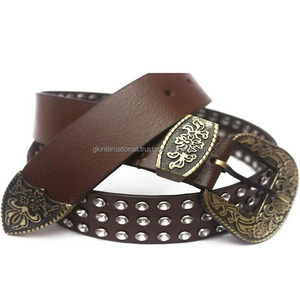 Ceinture en cuir véritable avec cowboy pour hommes, bijoux en cristal, cloutée, décontractée, motif floral antique et lourd, boucle, brun foncé - Product Image 6
