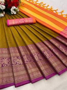 Nouveau Sari Dhwaja Export en Soie de Coton Doux Multicolore Aura avec Bordure Jacquard à Contraste Large et Blouse - Product Image 5