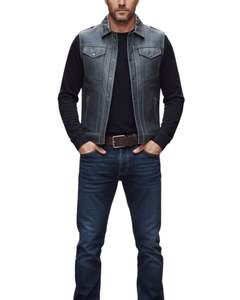 Men Dark Grey Leather <b>Vest</b> Button Up Closure <b>Black</b> Lining and Multiple Pockets - Product Image 3