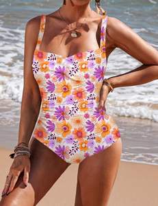 Maillot de bain une pièce blanc pour femme avec imprimé floral orange et violet, devant froncé et bretelles réglables, maillot de bain de course pour la plage - Product Image 5