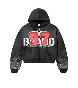 Sweat-shirts pour hommes de haute qualité en coton 100% surdimensionnés, lavés à l'acide, sérigraphiés, avec des strass brodés vintage personnalisés - Product Image 2