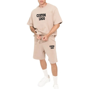 Ensemble T-shirt et short décontracté pour homme, 100 % coton tricoté, 280 g/m², respirant, écologique, avec logo imprimé sur le devant, taille mi-haute, idéal pour la gym - Product Image 5