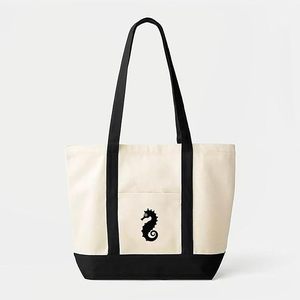 Sac de plage brodé SeaHorse en toile de coton couleur unie avec fermeture éclair et doublure en polyester - Product Image 2