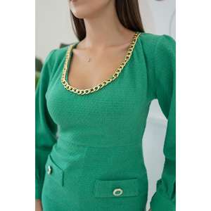 Robe fourreau en gros à col large de couleur verte - Product Image 3