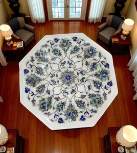 Table basse en marbre blanc octogonale de style italien avec incrustations florales, art en pierre fait à la main - Product Image 1