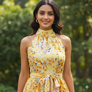 Robe à col halterneck à imprimé floral de luxe Unity, tissu fluide et doux, élégante tenue d'été pour femmes - Product Image 3