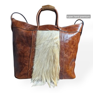 Vintage Genuine Leather Carry-on Tote Bag Fur Panel Soft Handle Zipper Closure Unisex Soft Shell Holiday Travel Bag with Drawbar - Product Image 1