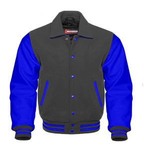 Veste universitaire grise/bleue avec logo brodé personnalisé, service OEM, design professionnel confortable, col montant en toile pour le printemps - Product Image 1
