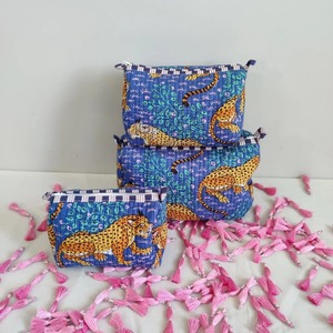 Indian Handmade Blue Animal Print Cotton Makeup Case Set Eco-friendly Water Resistant Large for <b>Bags</b> Free Shipping - Product Image 4