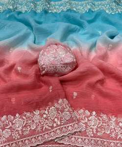 ผ้าส่าหรีผ้าชีฟองสีคู่ปักลายด้วยงานปักขอบผ้าแฟนซีใหม่ - Product Image 1