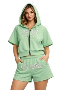 Ensemble de survêtement Y2K personnalisé pour femme avec logo brodé, strass lavés, franges, sweat à capuche court, style raglan, respirant, hiver - Product Image 3