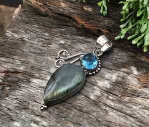 Pendentif en labradorite et topaze bleue, argent sterling 925, fait à la main, magnifique bijou en pierres précieuses, cadeau pour enfants et femmes - Product Image 2