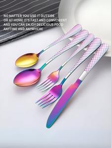 Ensemble de couverts écologiques en acier inoxydable arc-en-ciel coloré, manche à carreaux, couverts élégants pour la maison, les repas en plein air, les voyages - Product Image 3