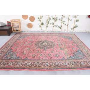 Rose Bleu Traditionnel Vintage Tapis Turc Grande Surface 9.5 X 12.5ft Classique Rectangle Motif Laine Latex Patchwork Technique De Tissage - Product Image 1