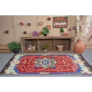 Turkish Rug, 3.3x7.8 ft Area Rug, <b>Red</b> Southwestern <b>Wool</b> Vintage Rug - Product Image 1