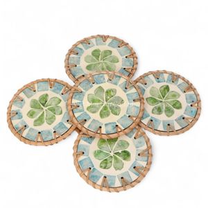 แผ่นรองแก้วทำจากเปลือกหอยมุกธรรมชาติ ขอบหวายถัก สำหรับตกแต่งโต๊ะอาหารที่บ้าน ใช้เป็นของขวัญ และเป็นมิตรกับสิ่งแวดล้อม - Product Image 2