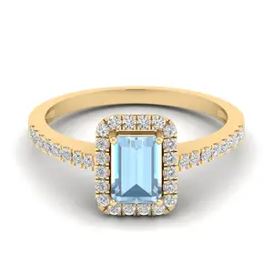 纯金钻石海蓝宝石男女通用三月诞生石戒指工厂价格直接来自批发制造商