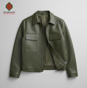 <b>Men's</b> Winter Casual <b>Trucker</b> <b>Jackets</b> Olive Green Synthetic Leather Mandarin Collar Zipper Solid - Product Image 6
