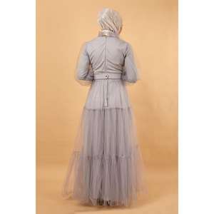 Vestido de Noche Formal XS con Volantes de Tul y Lentejuelas, Cuello Alto, Cintura Imperio y Cola Larga para Fiestas y Eventos Formales - Product Image 5