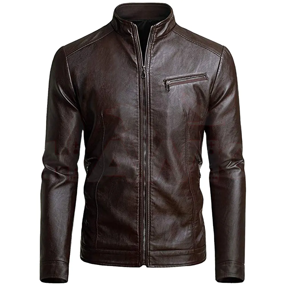 Men's Genuine Lambskin Leather Jacket / Zipper Fashion Brown Stand Collar Leather Jacket with customized colors and sizes