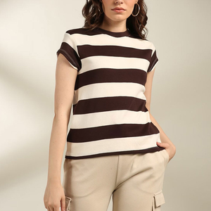 Women's Striped Cap Sleeve Crew Neck T-Shirt Regular Fit Knitted Cotton Casual <b>Top</b> Spring Summer Wear - Product Image 1