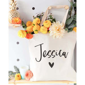 Personalized Open Closure Cotton Canvas Tote Bag with Solid Color Heart Name Pattern - Product Image 3