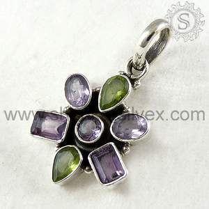 Latest Trending Design 925 Sterling Silver Natural Multi Gemstone <b>Flower</b> Shape Pendant Custom Design Jewelry Manufacturer India - Product Image 2