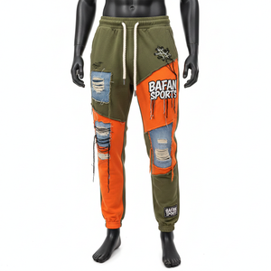 Pantalon de jogging pour homme en molleton de coton premium 300 GSM avec empiècements en denim olive orange et logo brodé personnalisé, pantalon pour homme lavé - Product Image 1