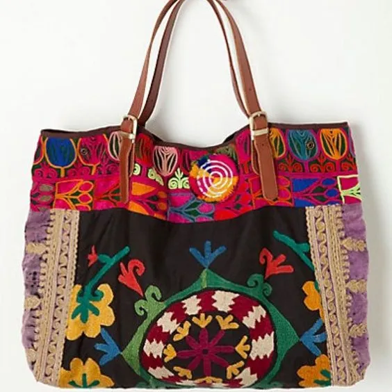 Indian handmade Kantha Dog Bags leather Tote purses Leather Handle Shopping purse Boho Gypsy purse old kantha vintage ethnic