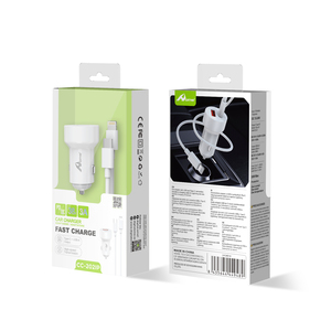 Cargador de Coche CC-202-IP con Puerto Tipo C y USB de 38W 3A para Teléfono, con Cable para iPhone, Color Blanco - Product Image 2