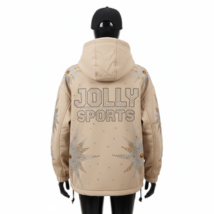Chaqueta Softshell para Mujer, 320 GSM, Elástica, Color Beige, con Transferencia de Calor de Pedrería y Logotipo Bordado - Product Image 2
