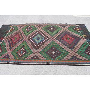 Tapis turc vintage 5,7 x 10,3 pieds, grand tapis, tapis abstrait vert Kilim - Product Image 3