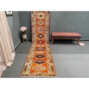 Turkish <b>Rug</b>, 2.7x12.2 ft <b>Runner</b> Vintage <b>Rug</b>, Herki Orange Brown Solid <b>Rug</b> - Product Image 1