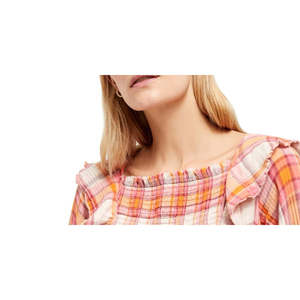 Top Rosa in Popeline da Donna Free People con Volant, Arricciature, Taglio a Quadri, Maniche Lunghe, Scollo Quadrato, Logo Ricamato, Taglia XL - Ideale per l'Ufficio - Product Image 2